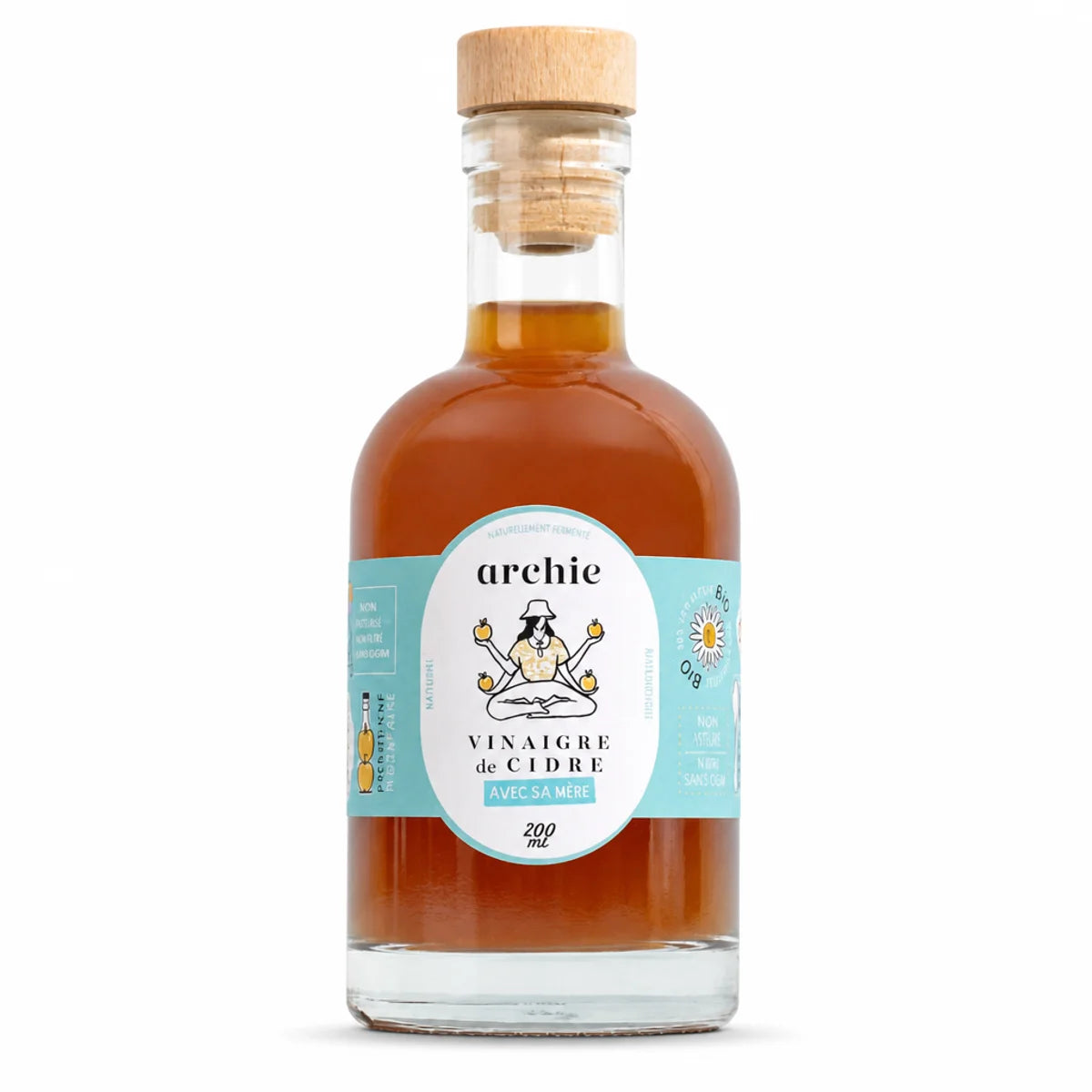 Bouteille Archie vinaigre de cidre bio 200ml avec mère, bouchon liège sur fond blanc