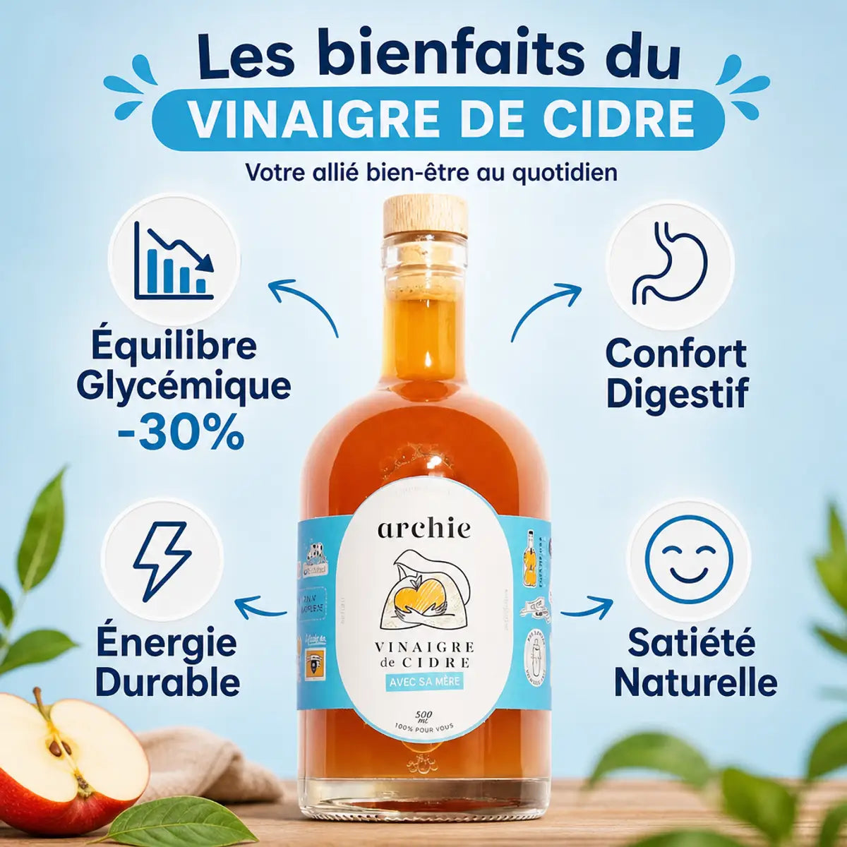 Vinaigre de cidre bio Archie 500ml avec infographie bénéfices santé : glycémie, digestion, énergie, satiété
