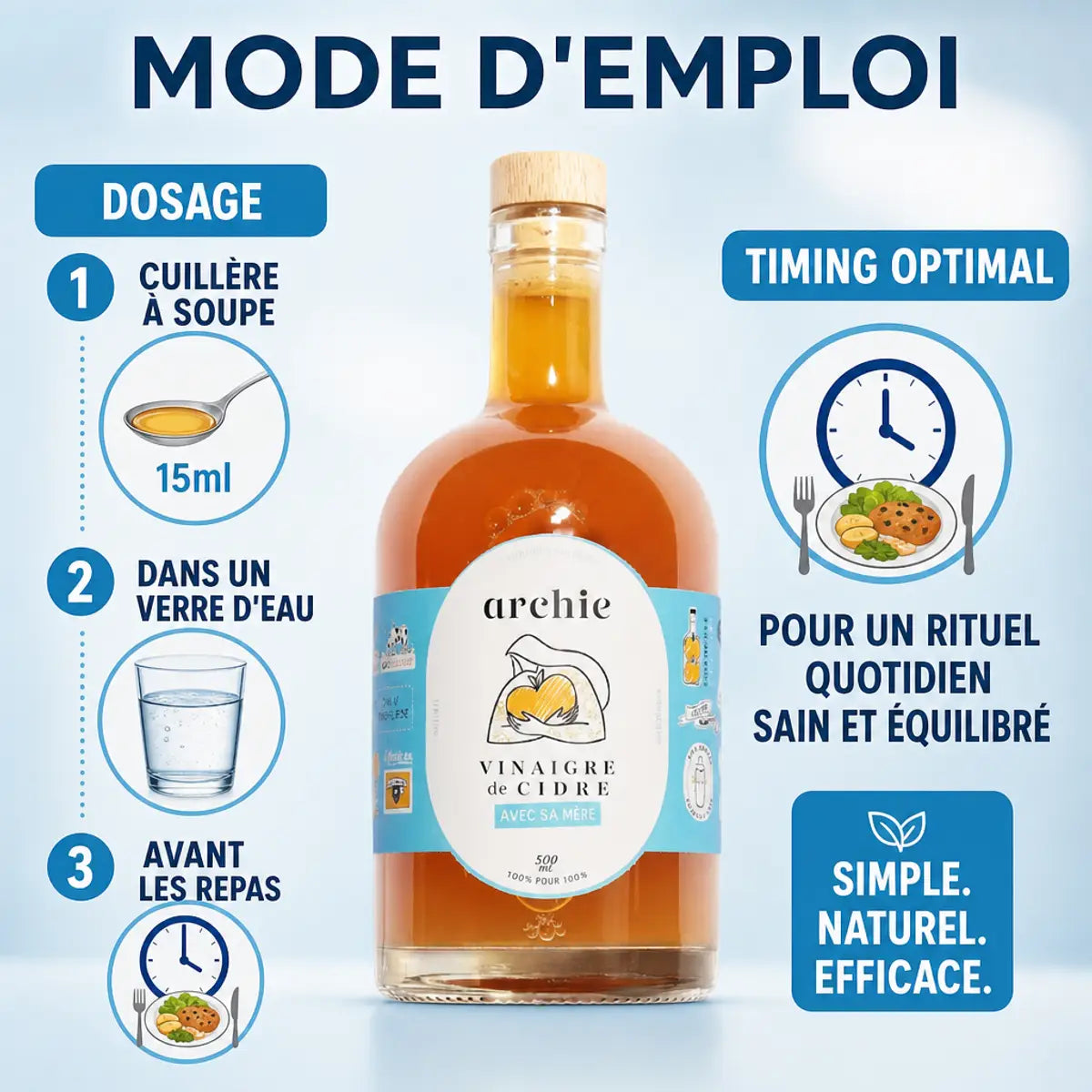 Bouteille vinaigre de cidre bio Archie 500ml avec guide d'utilisation et dosage recommandé