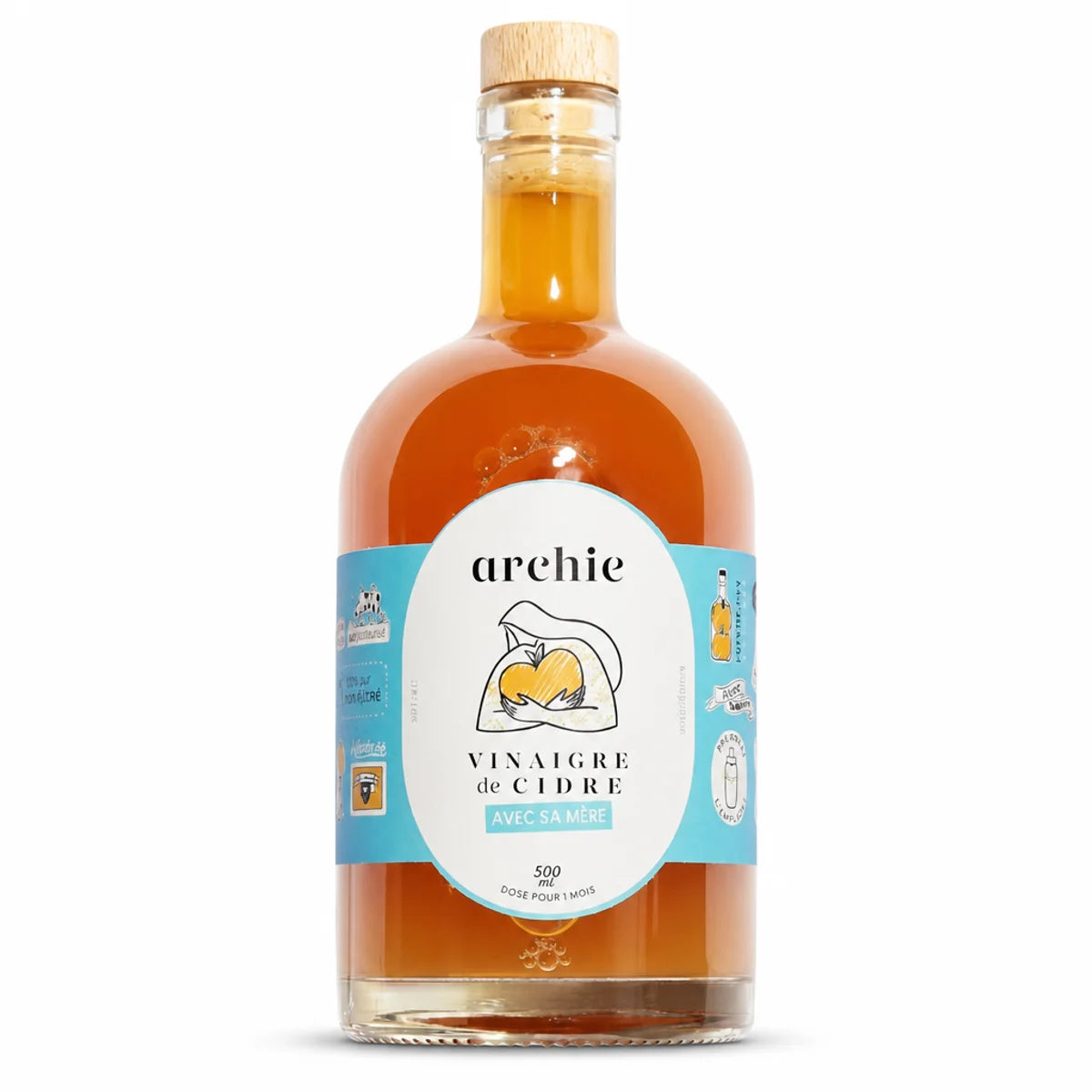 Bouteille Archie vinaigre de cidre bio 500ml avec mère, étiquette bleue, fond blanc