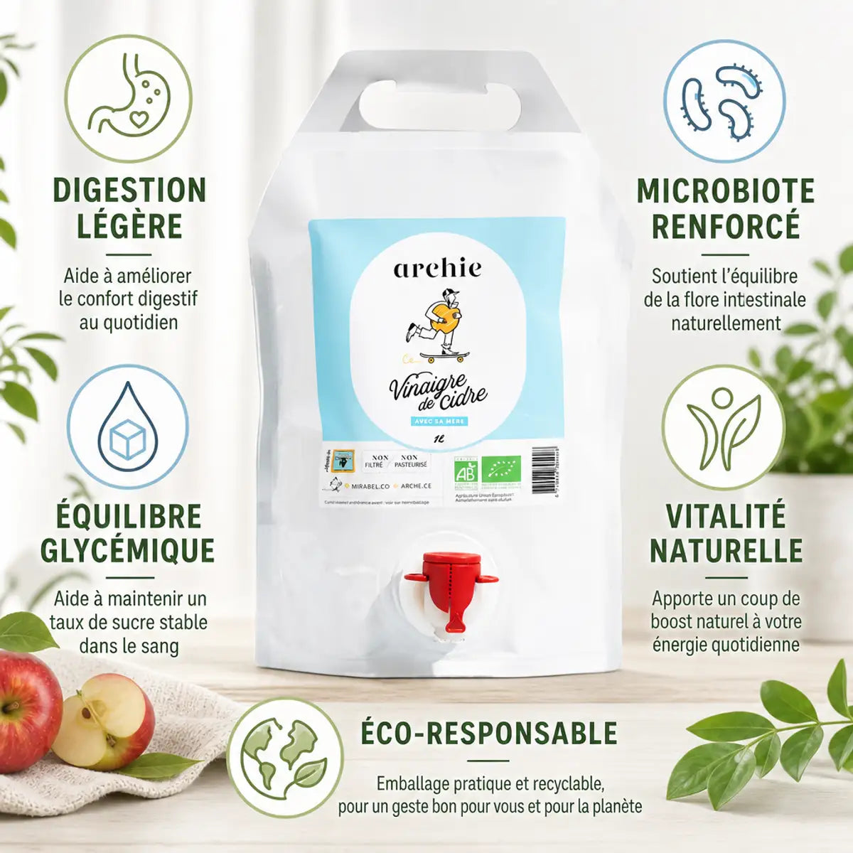 Vinaigre de cidre bio Archie recharge avec bénéfices santé digestion et microbiote