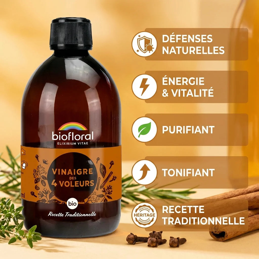Vinaigre des 4 Voleurs Bio 500ml Biofloral avec bénéfices santé et défenses naturelles