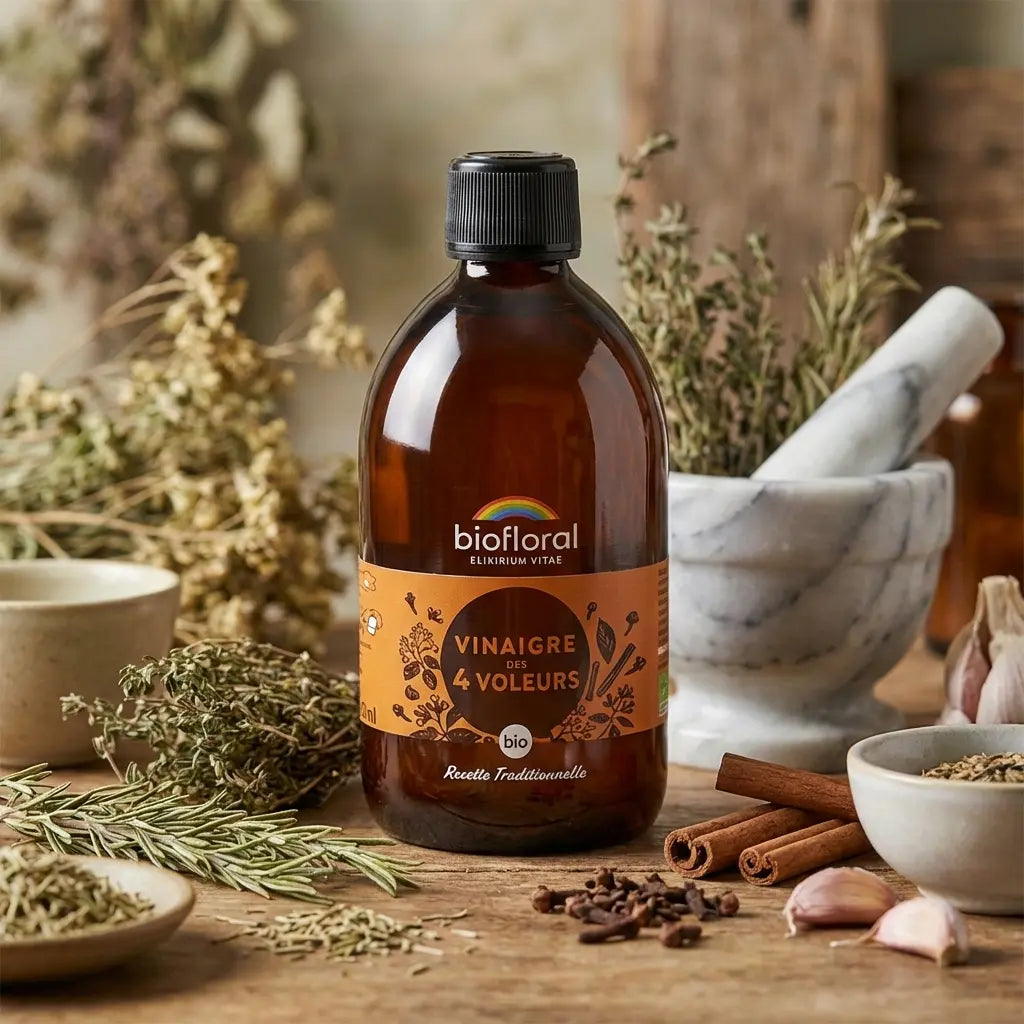 Vinaigre des 4 Voleurs Bio 500ml Biofloral avec herbes médicinales et accessoires bien-être
