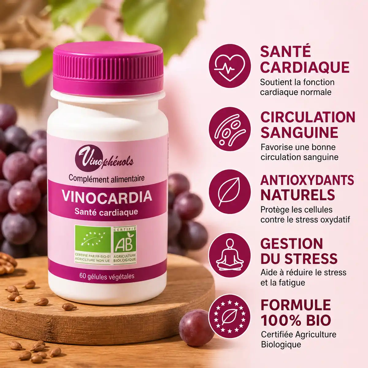 Vinocardia Bio 60 gélules Vinophénols - Complément santé cardiaque et circulation sanguine bio