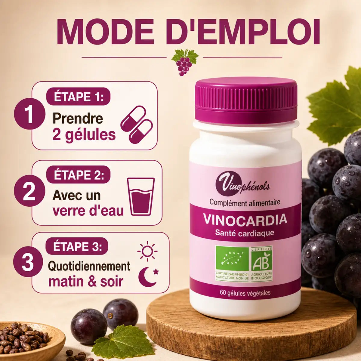 Vinocardia bio 60 gélules vinophénols mode d'emploi 2 gélules quotidiennement avec eau