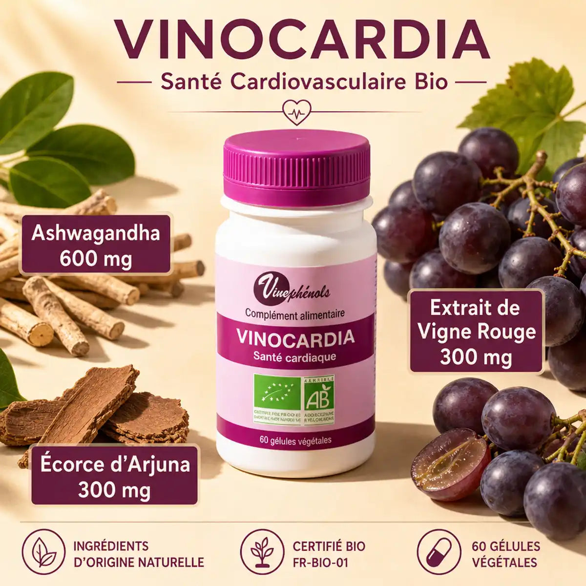 Vinocardia Bio 60 gélules avec ingrédients naturels : ashwagandha, arjuna et extrait de vigne rouge pour la santé cardiovasculaire