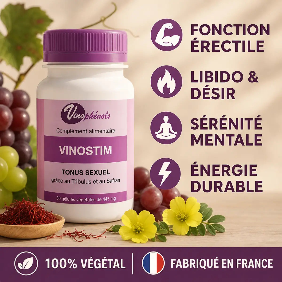 Vinostim 60 gélules vinophénols avec bénéfices érectilité libido sérénité énergie 100% végétal