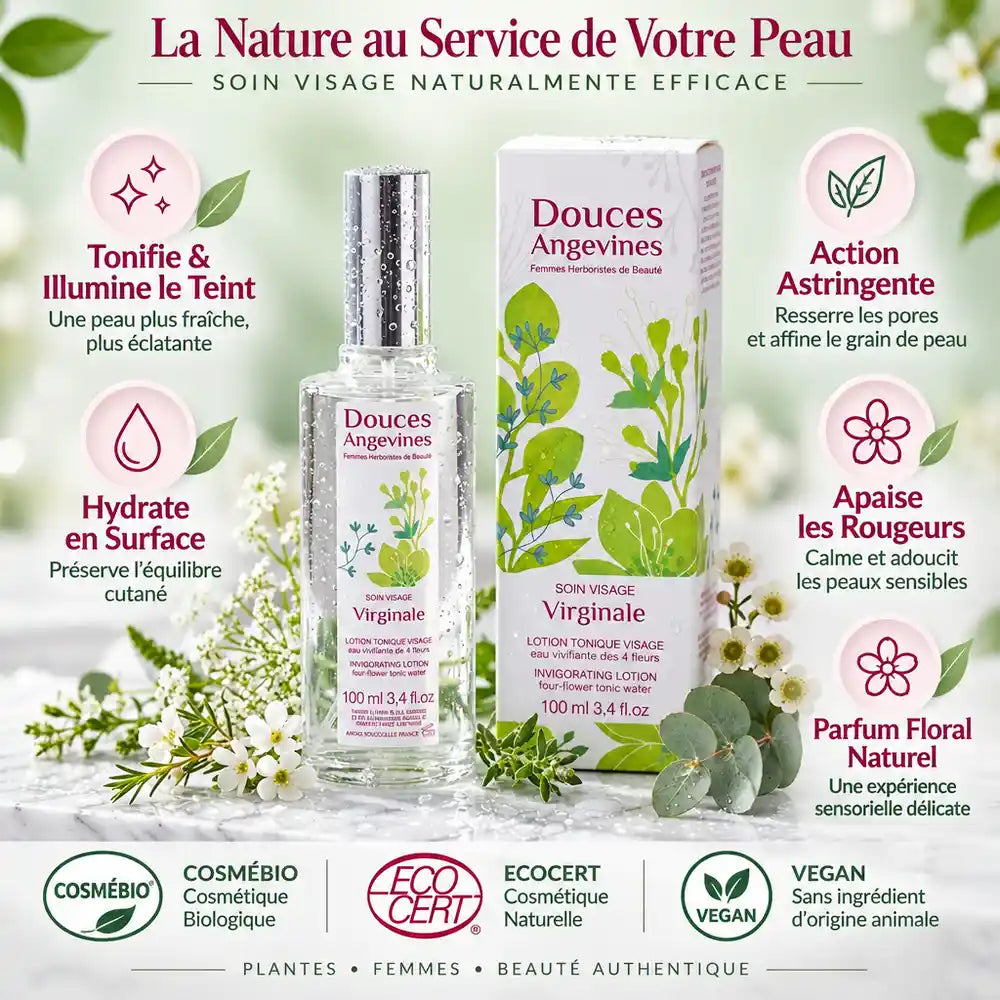 Virginale Lotion Tonique 100ml Douces Angevines avec ses bénéfices : tonifie, apaise et hydrate la peau