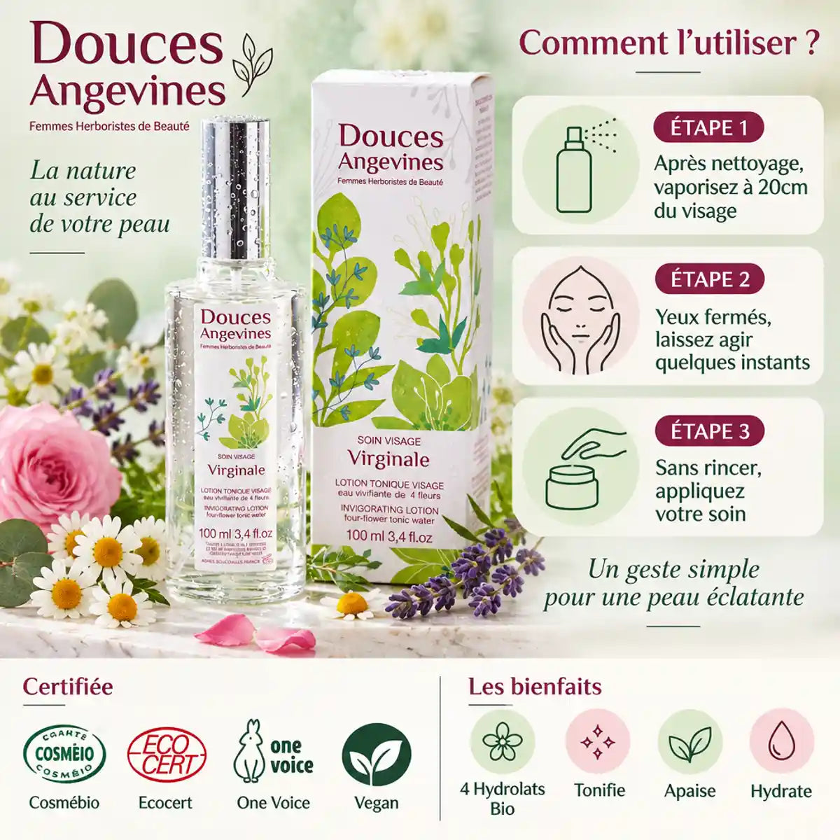 Virginale Lotion Tonique 100ml Douces Angevines avec guide d'utilisation et ingrédients bio certifiés