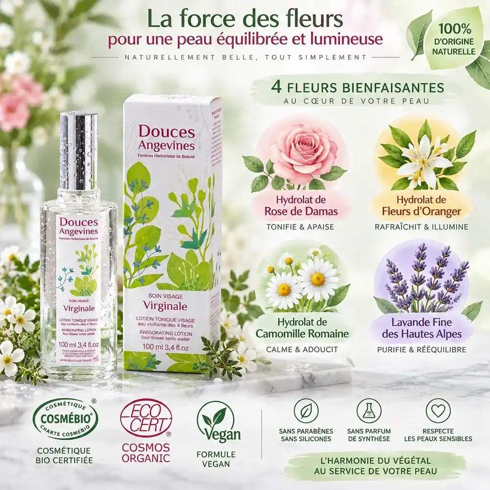 Virginale Lotion Tonique 100ml Douces Angevines avec ingrédients actifs rose, fleurs d'oranger, camomille et lavande