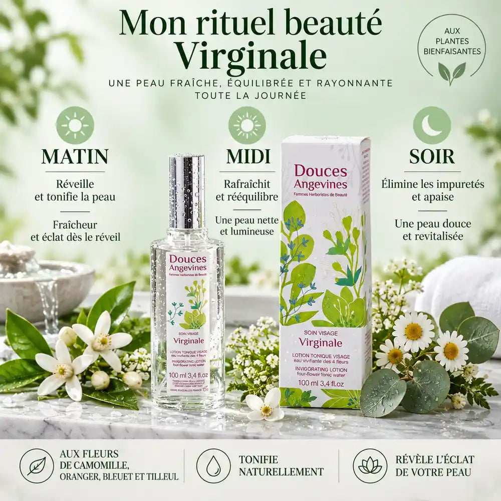 Virginale Lotion Tonique 100ml rituels matin midi soir avec fleurs botaniques et packaging Douces Angevines