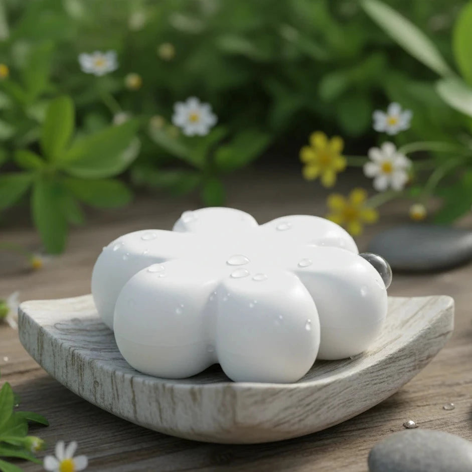 Un pain lavant en forme de fleur sur un porte-savon en bois, entouré de verdure, de fleurs et de galets zen.