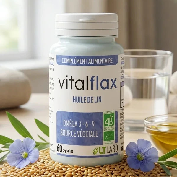 Vital Flax Bio 60 capsules pour équilibre émotionnel avec graines de lin frais et éléments wellness