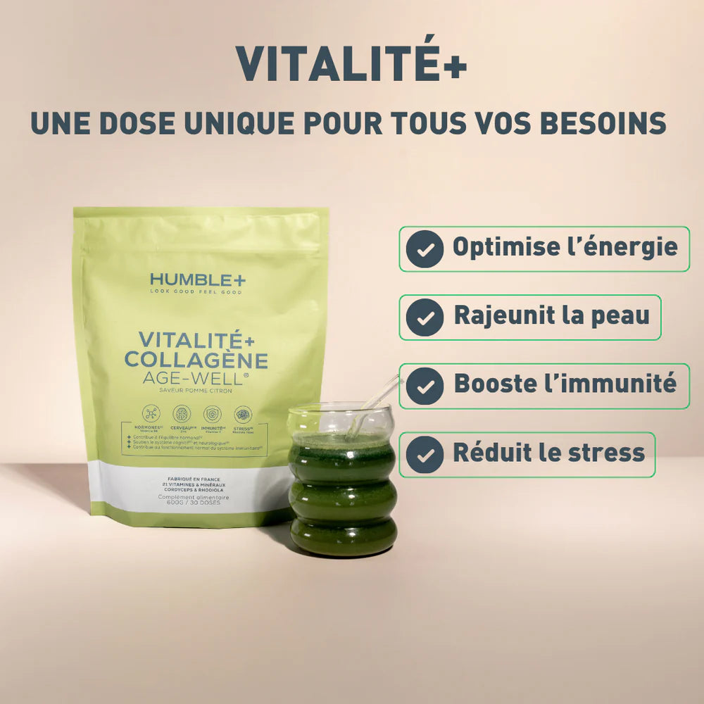 Bienfaits de Vitalité + Collagène Age-well de Humble + goût Pomme-citron