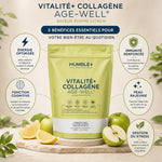 Collagène poudre Humble+ 600g saveur pomme-citron avec infographie des bénéfices santé