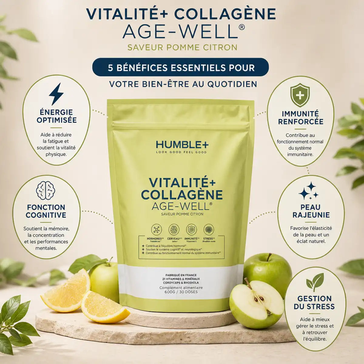 Collagène poudre Humble+ 600g saveur pomme-citron avec infographie des bénéfices santé