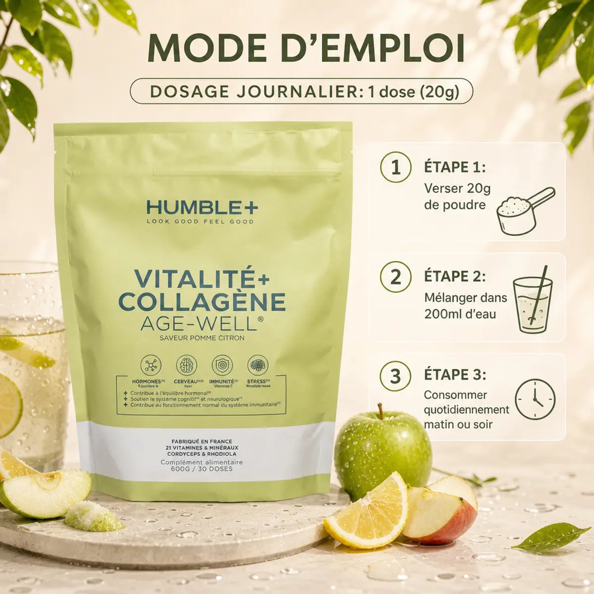Poudre Collagène Humble+ 600g saveur Pomme-Citron avec mode d'emploi et dosage journalier