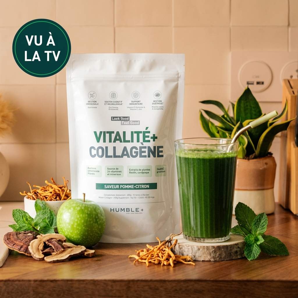 Vitalité+ Collagène Humble+ 600g saveur Pomme-Citron avec pomme fraîche et boisson verte