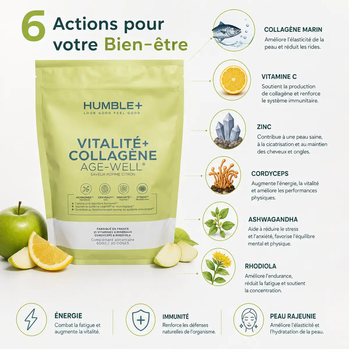 Humble+ Vitalité+ Collagène 600g saveur Pomme-Citron avec ingrédients clés pour énergie et immunité