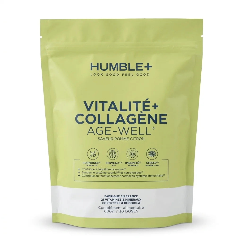 Humble+ Vitalité+ Collagène 600g saveur Pomme-Citron, poudre en sachet vert et blanc