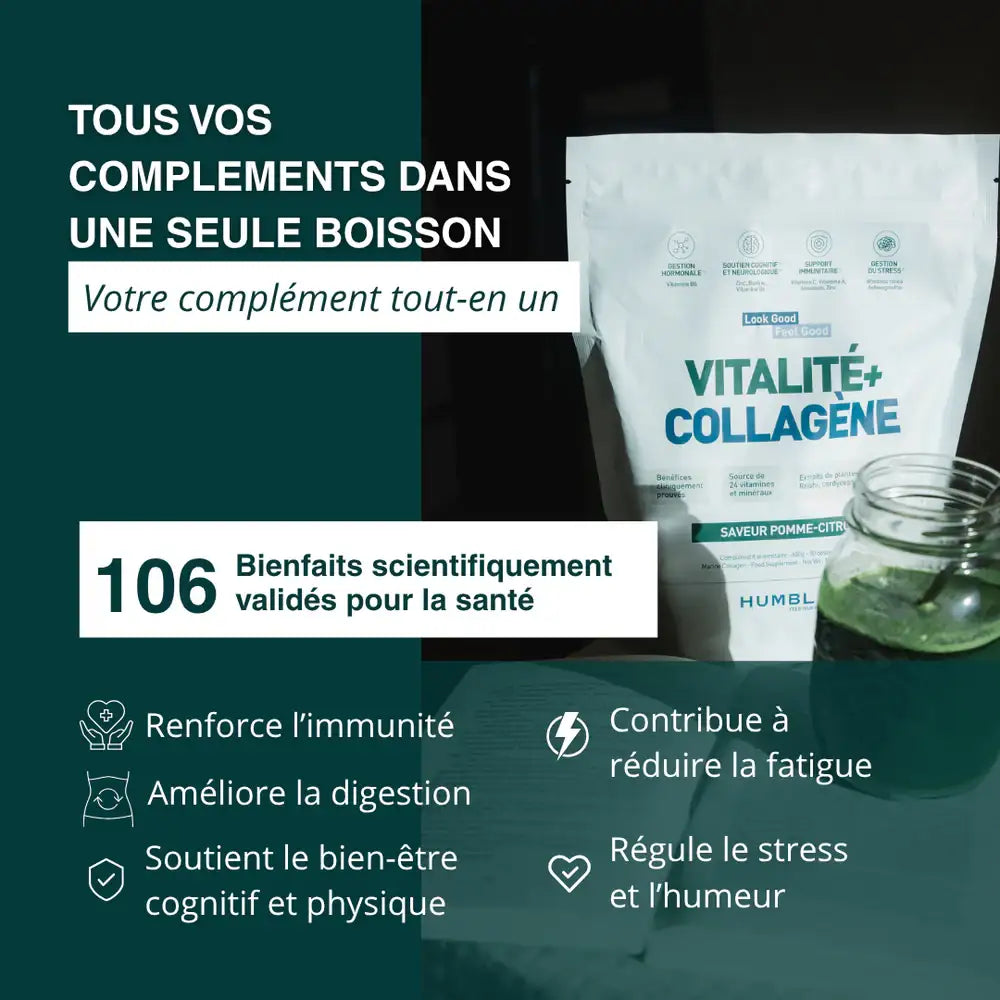Vitalité + Collagène Humble+ pomme-citron, complément tout-en-un aux 106 bienfaits validés pour immunité, digestion et stress.