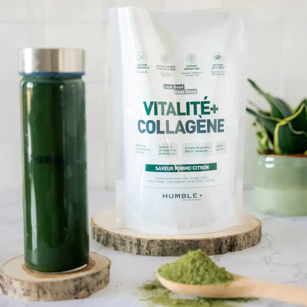 Vitalité + Collagène Humble+ pomme-citron prêt à consommer, poudre et boisson verte dans une gourde.