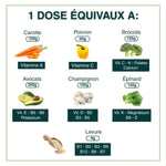 <img src="..." alt="1 dose de Vitalité + Collagène Humble+ équivaut à l’apport nutritif de carotte, poivron, brocolis, avocat, champignon, épinard et levure.