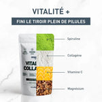 Vitalité + Collagène Humble+ pomme-citron 600 g, mélange de spiruline, collagène, vitamine C et magnésium pour un complément complet.
