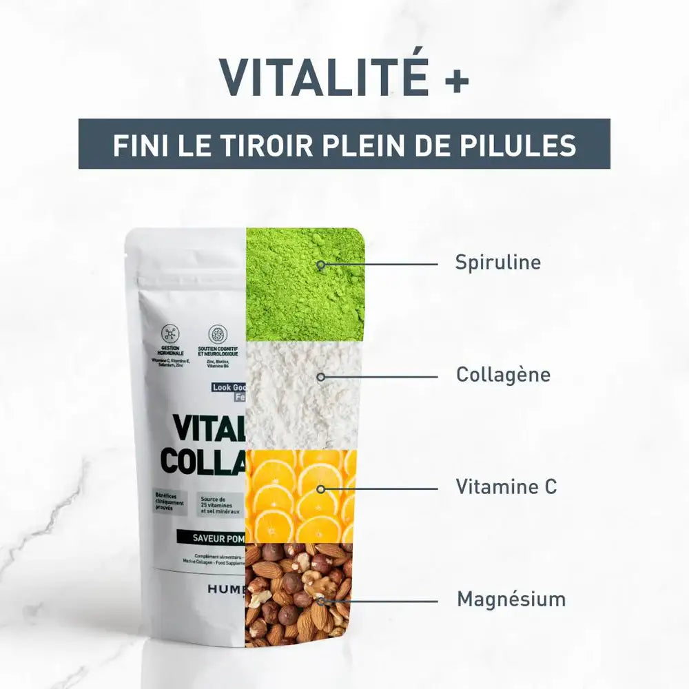 Vitalité + Collagène Humble+ pomme-citron 600 g, mélange de spiruline, collagène, vitamine C et magnésium pour un complément complet.