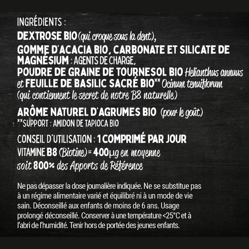 Les ingrédients de Béhuit, la Vitamine B8 Biotine de la marque Les Bio Frères