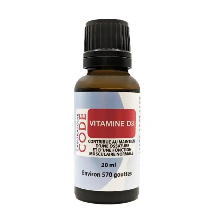 Flacon de 20 ml de Vitamine D3, environ 570 gouttes de la marque Laboratoire Code. 