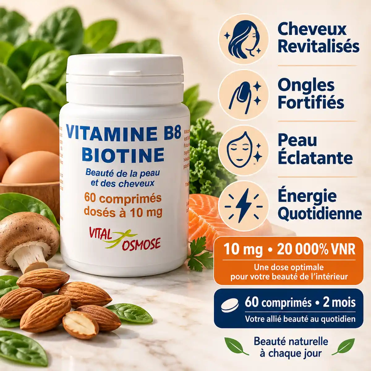 Vital Osmose Vitamine B8 Biotine 60 comprimés avec ingrédients naturels et bénéfices cheveux ongles peau