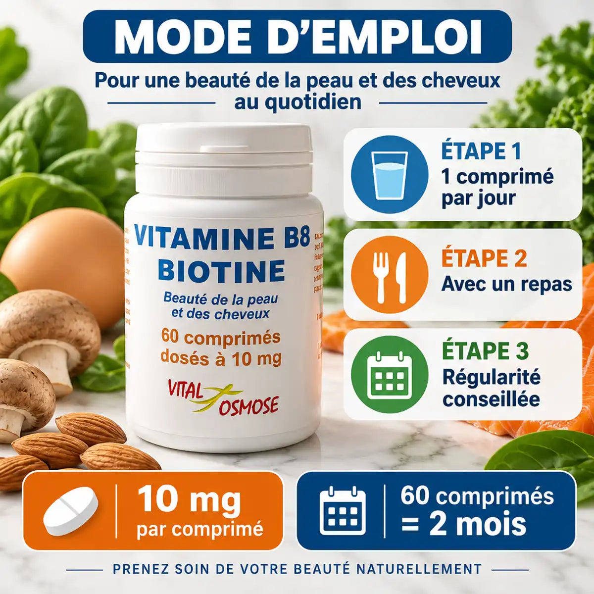Vitamine B8 Biotine 60 comprimés Vital Osmose avec mode d'emploi et ingrédients naturels