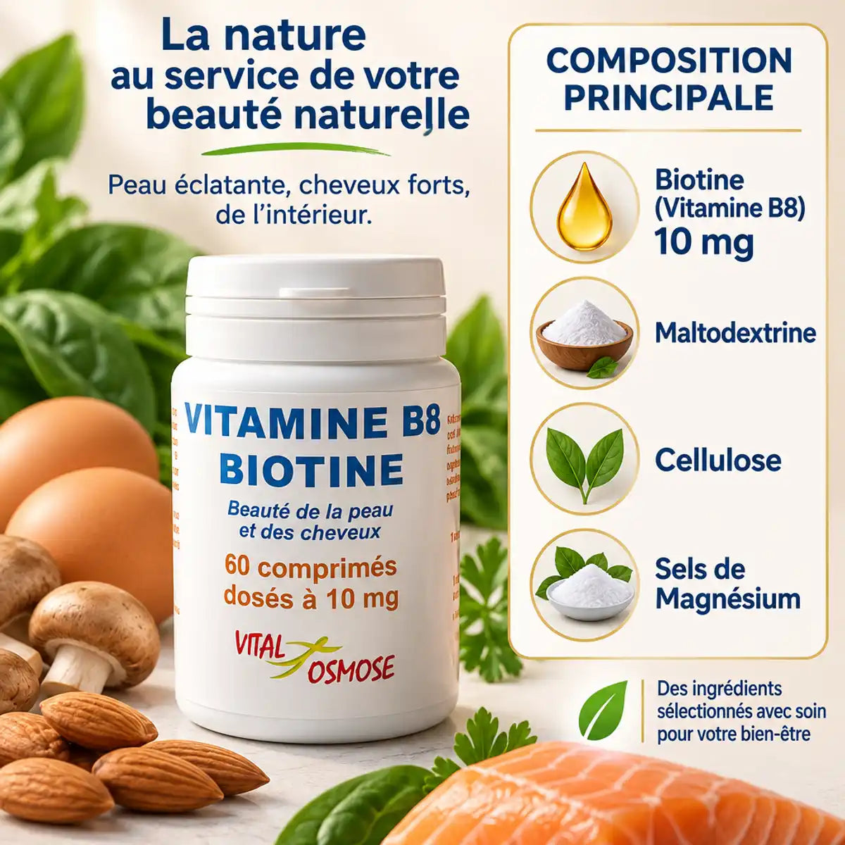 Vitamine B8 Biotine 60 comprimés Vital Osmose avec composition et ingrédients naturels