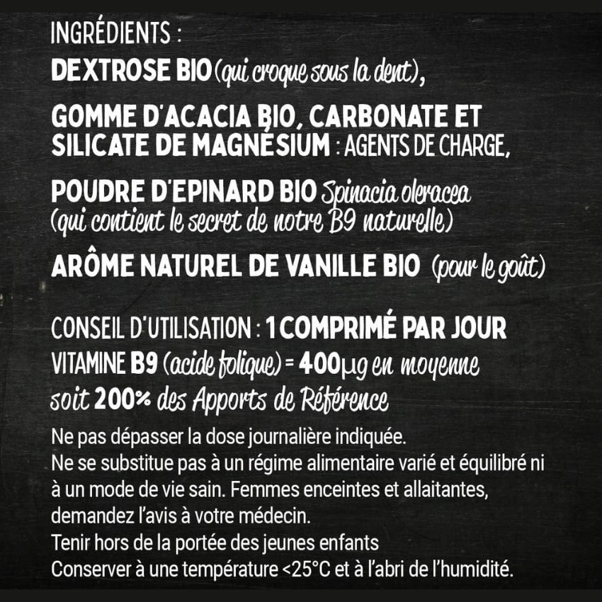 Les ingrédients de la Béneuf , la Vitamine B9 & Acide Folique Bio des Bio Frères