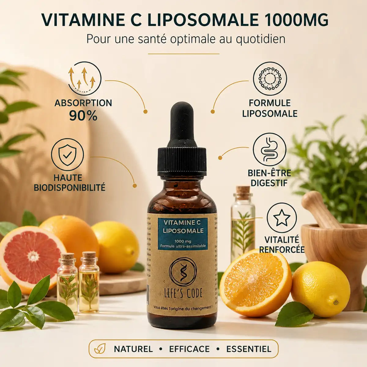 Vitamine C liposomale 1000mg Life's Code avec bénéfices santé et absorption 90%