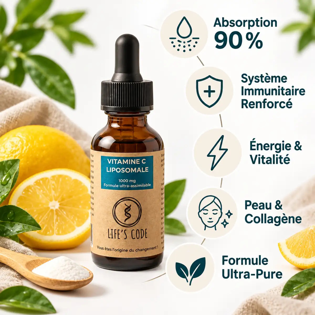 Vitamine C liposomale 1000mg Life's Code avec bénéfices absorption et immunité