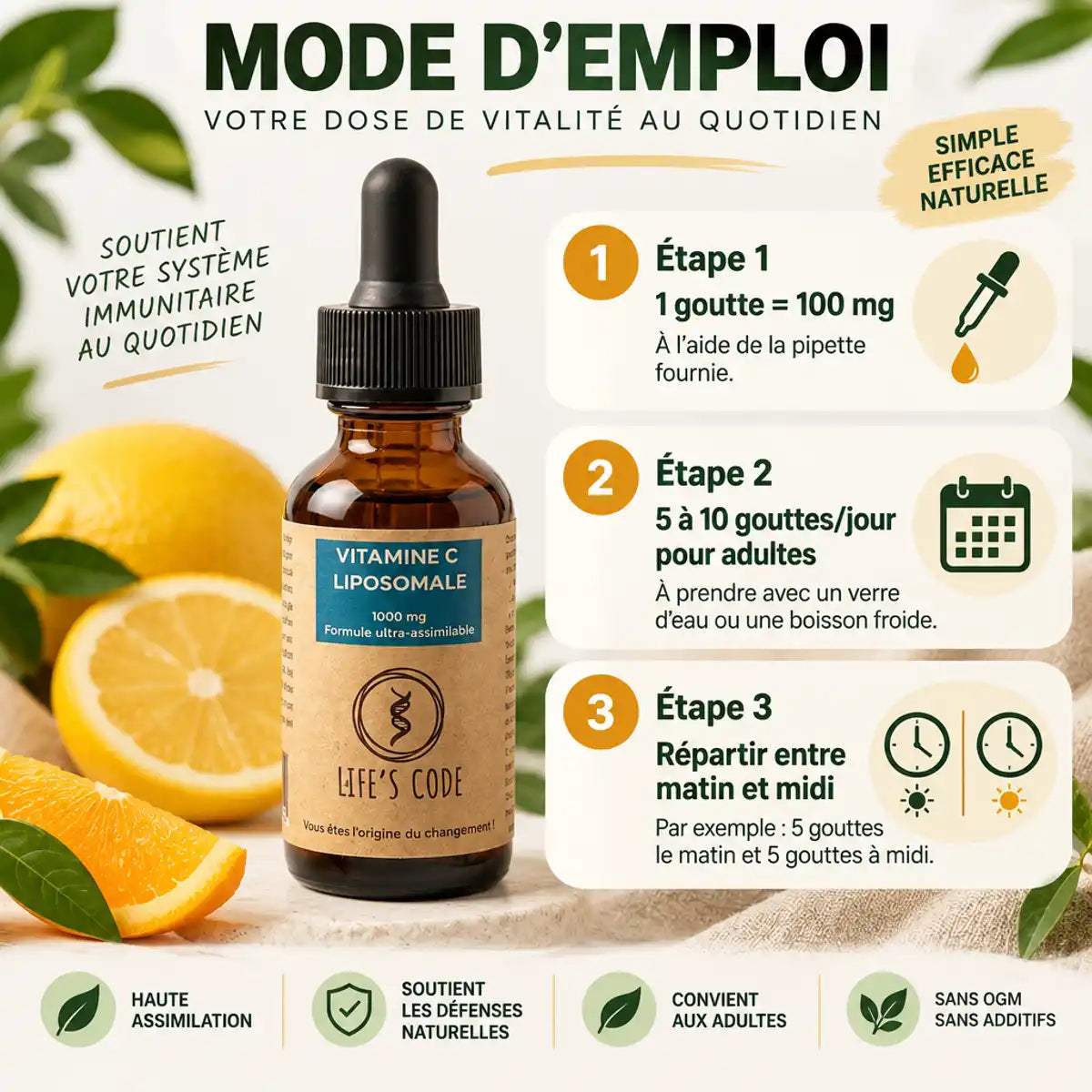 Flacon de vitamine C liposomale 1000mg Life's Code avec mode d'emploi et dosage recommandé