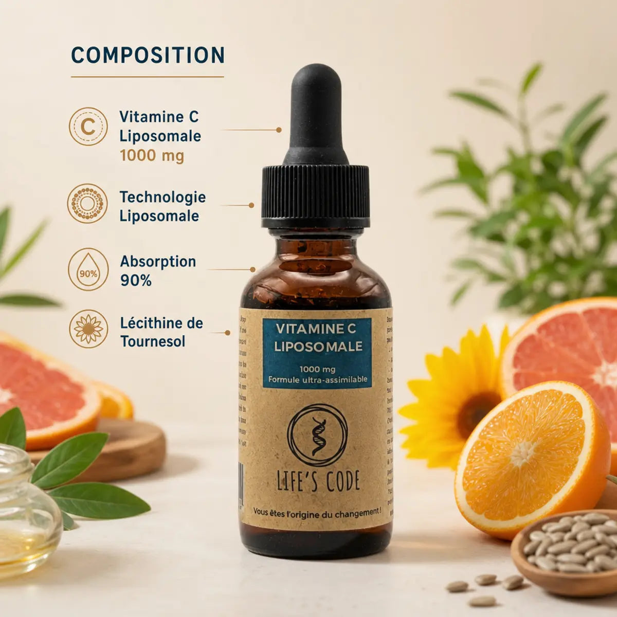 Vitamine C liposomale 1000 mg Life's Code avec agrumes et lécithine de tournesol