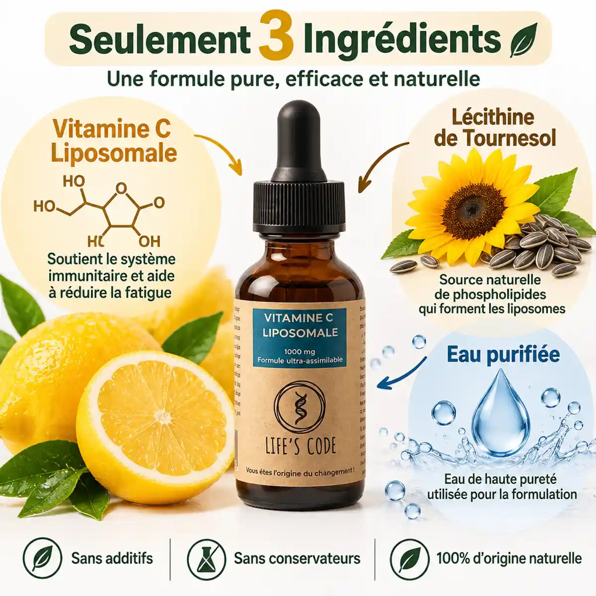 Bouteille Vitamine C liposomale 1000mg Life's Code avec citron, lécithine tournesol et eau purifiée