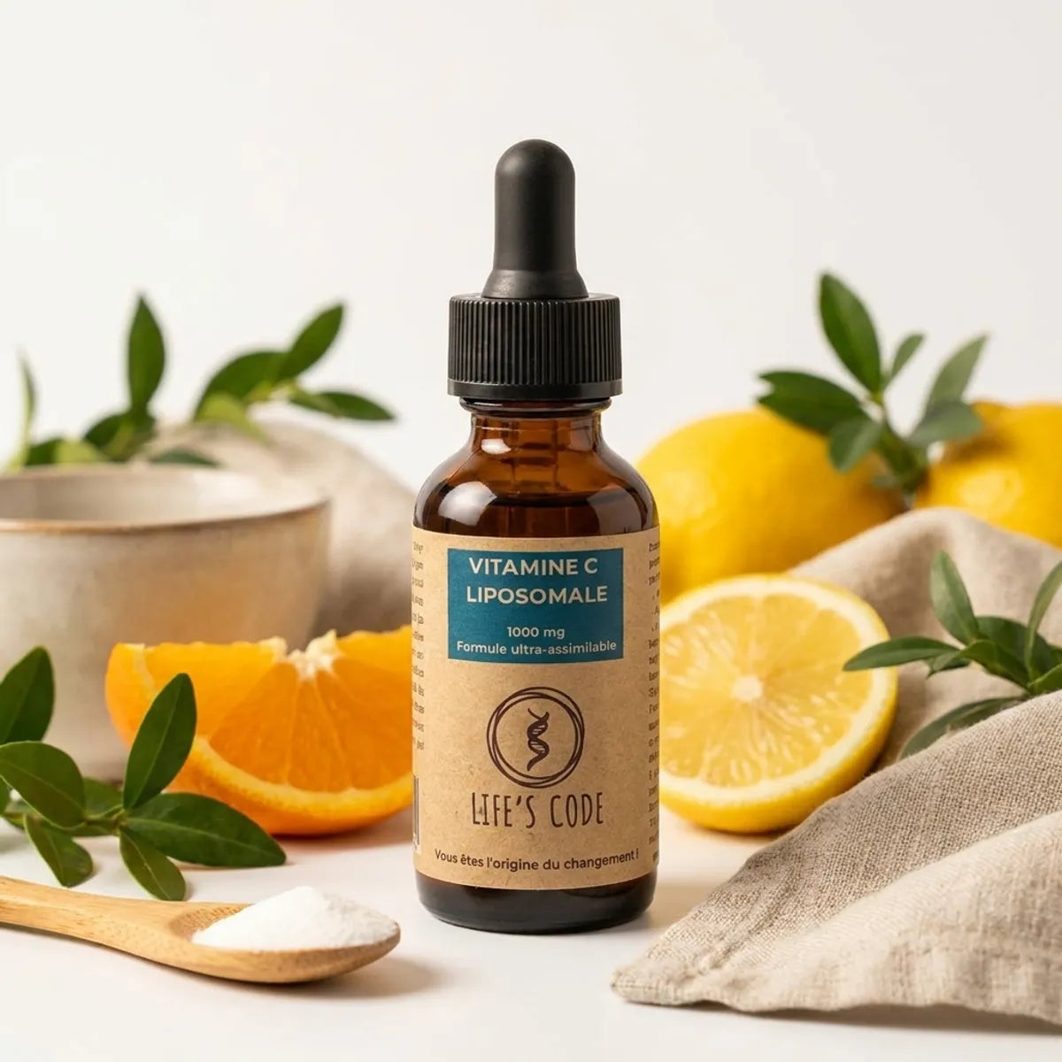 Vitamine C liposomale 1000 mg Life's Code avec agrumes et feuilles vertes sur fond blanc