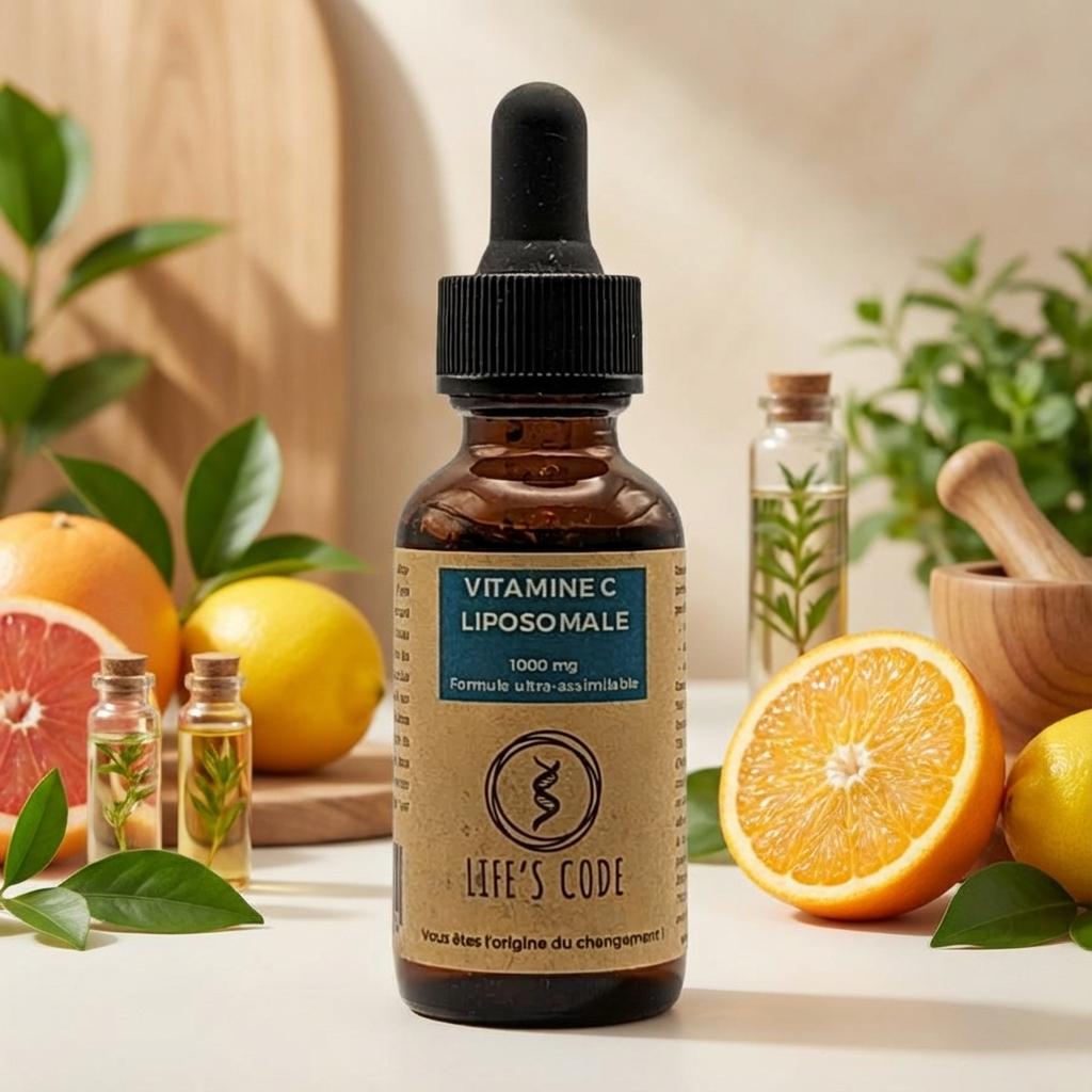 Vitamine C liposomale 1000mg Life's Code en flacon verre ambré avec agrumes frais
