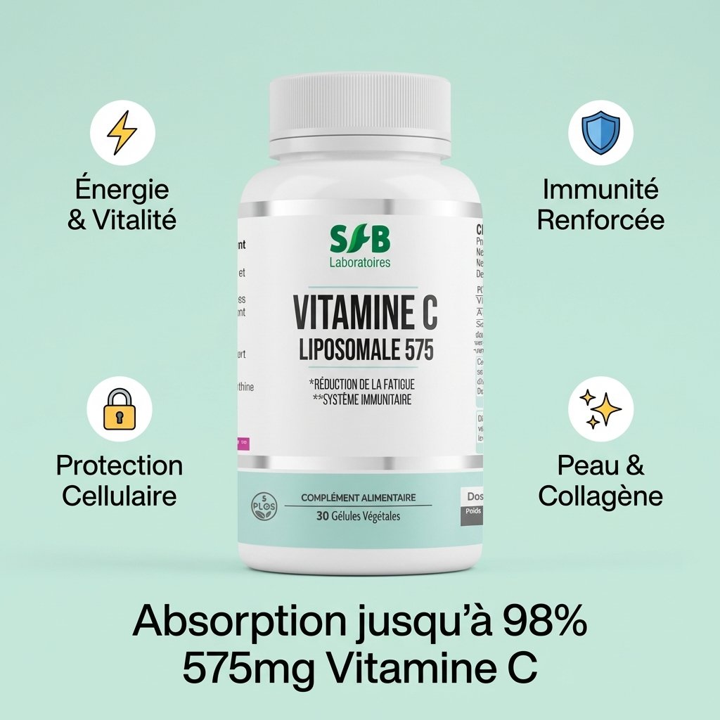 Vitamine C Liposomale 575mg SFB - Flacon avec bénéfices immunité, énergie et peau