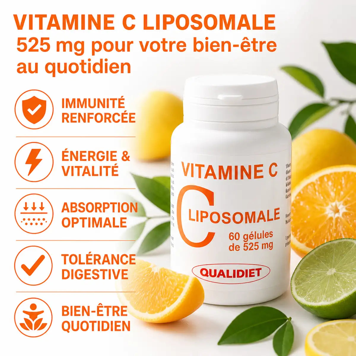 Vitamine C Liposomale 525mg Qualidiet avec agrumes, bénéfices immunité et absorption optimale