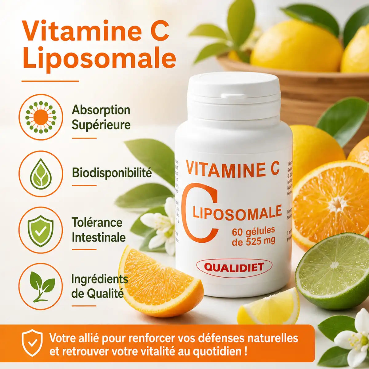 Vitamine C Liposomale 525mg Qualidiet avec agrumes frais et infographie biodisponibilité