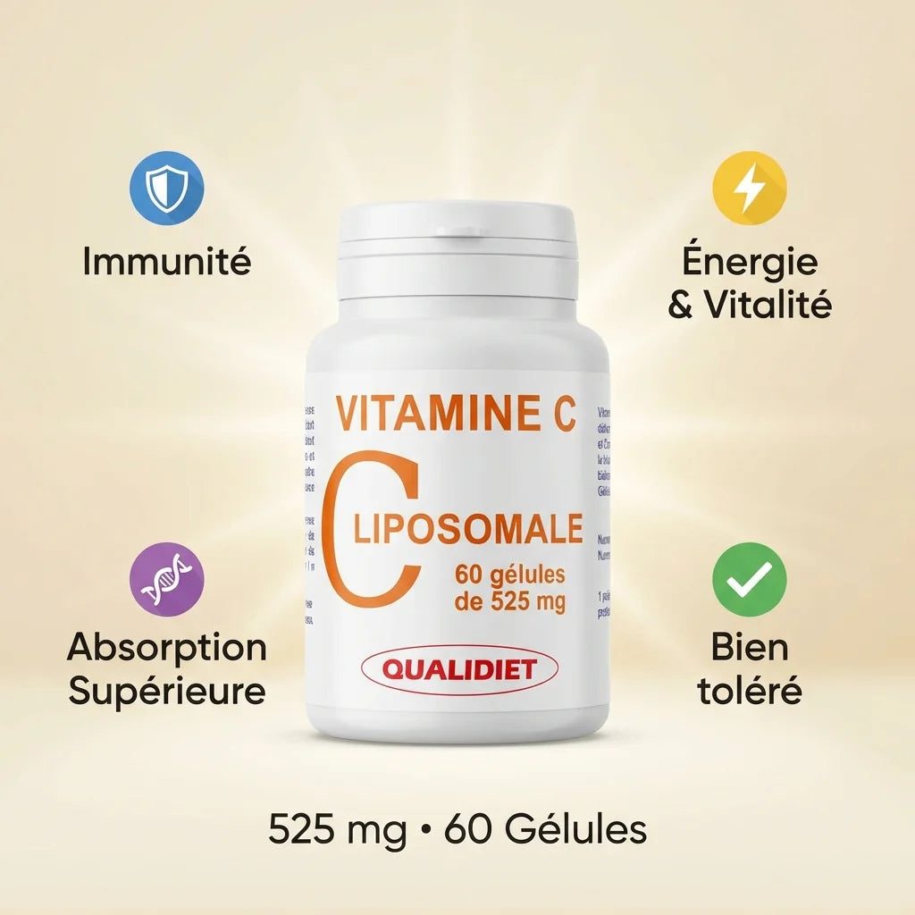Vitamine C Liposomale 525mg Qualidiet - Flacon blanc avec bénéfices immunité et énergie
