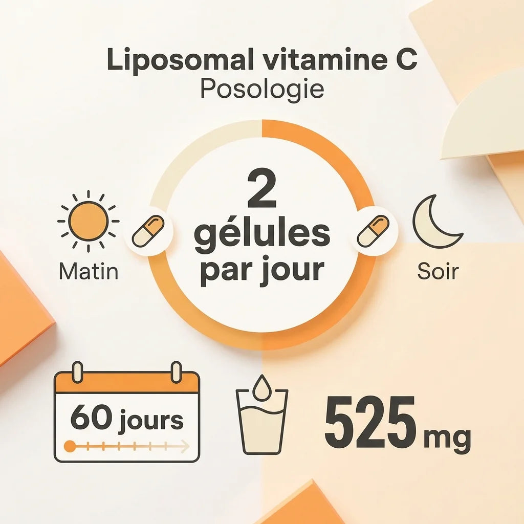 Infographie posologie vitamine C liposomale 525 mg : 2 gélules par jour, matin et soir pendant 60 jours