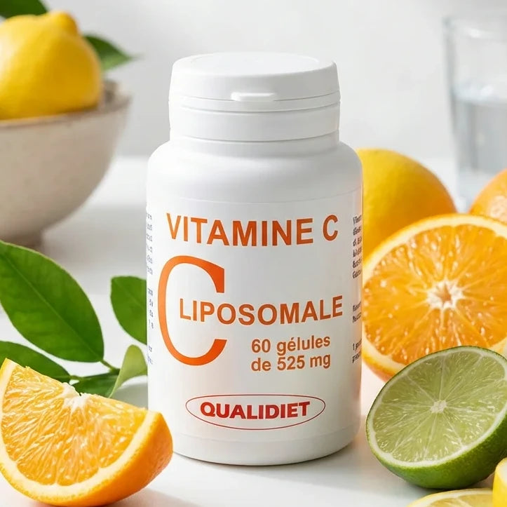 Vitamine C Liposomale 525mg Qualidiet entourée d'agrumes et feuilles vertes