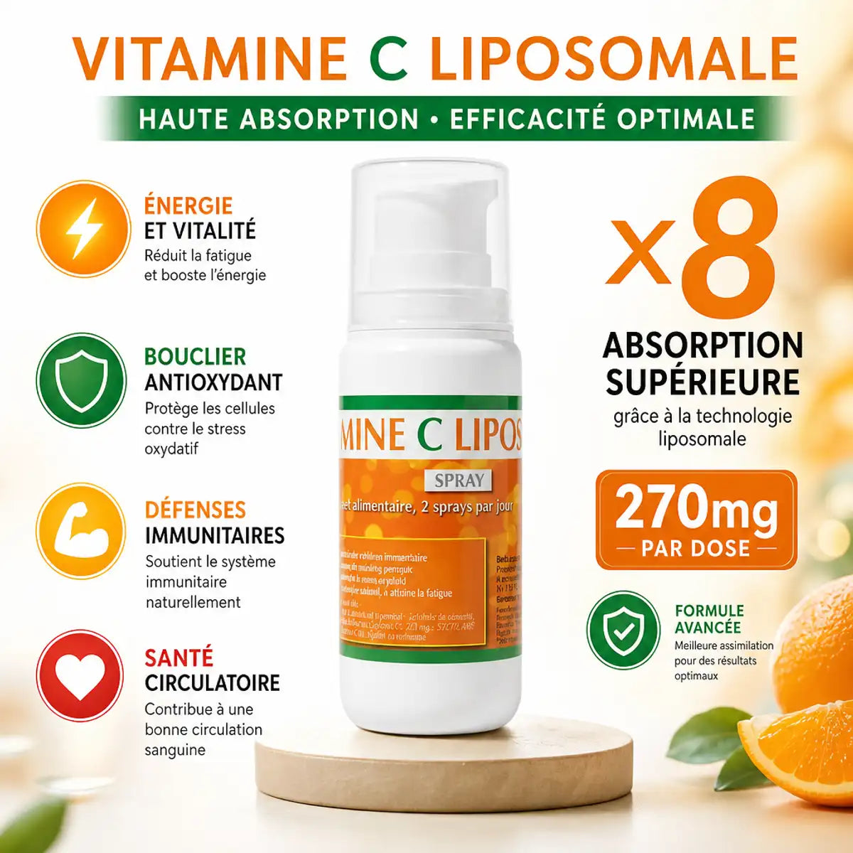 Vitamine C liposomale spray 100ml avec bénéfices: énergie, antioxydant, immunité, circulation