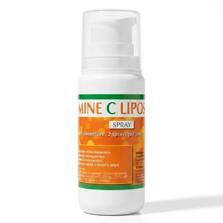 Flacon spray Vitamine C Liposomale 100ml Jade Recherche avec étiquette orange-vert sur fond blanc